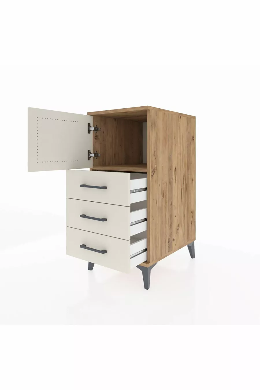 Table de chevet Kronos avec une étagère, 3 tiroirs et une porte, pin-gris