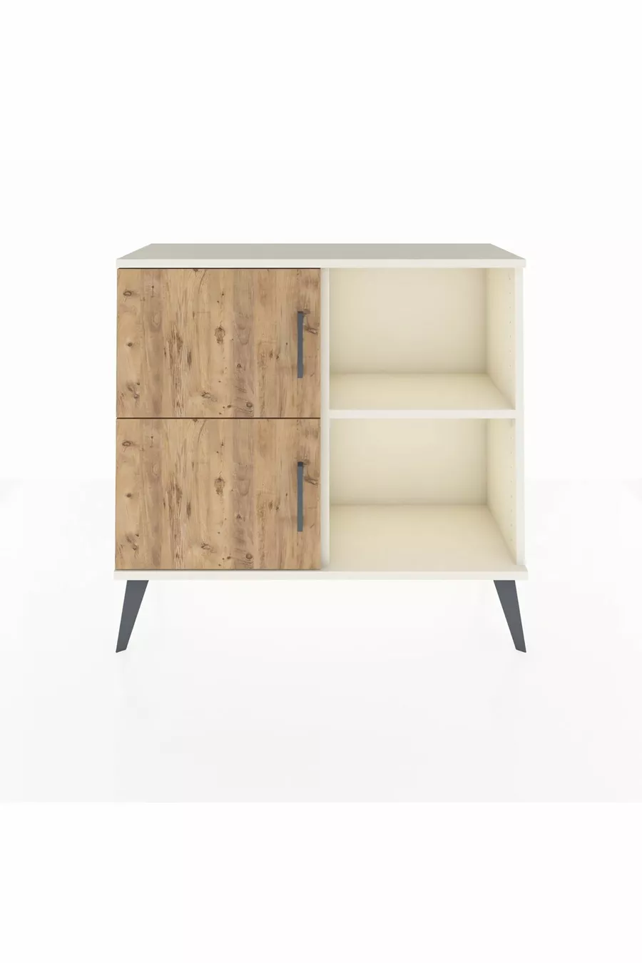 Commode Arges à 2 étagères et 2 portes, couleur Pierre de Lune-Pin/Pierre de Lune