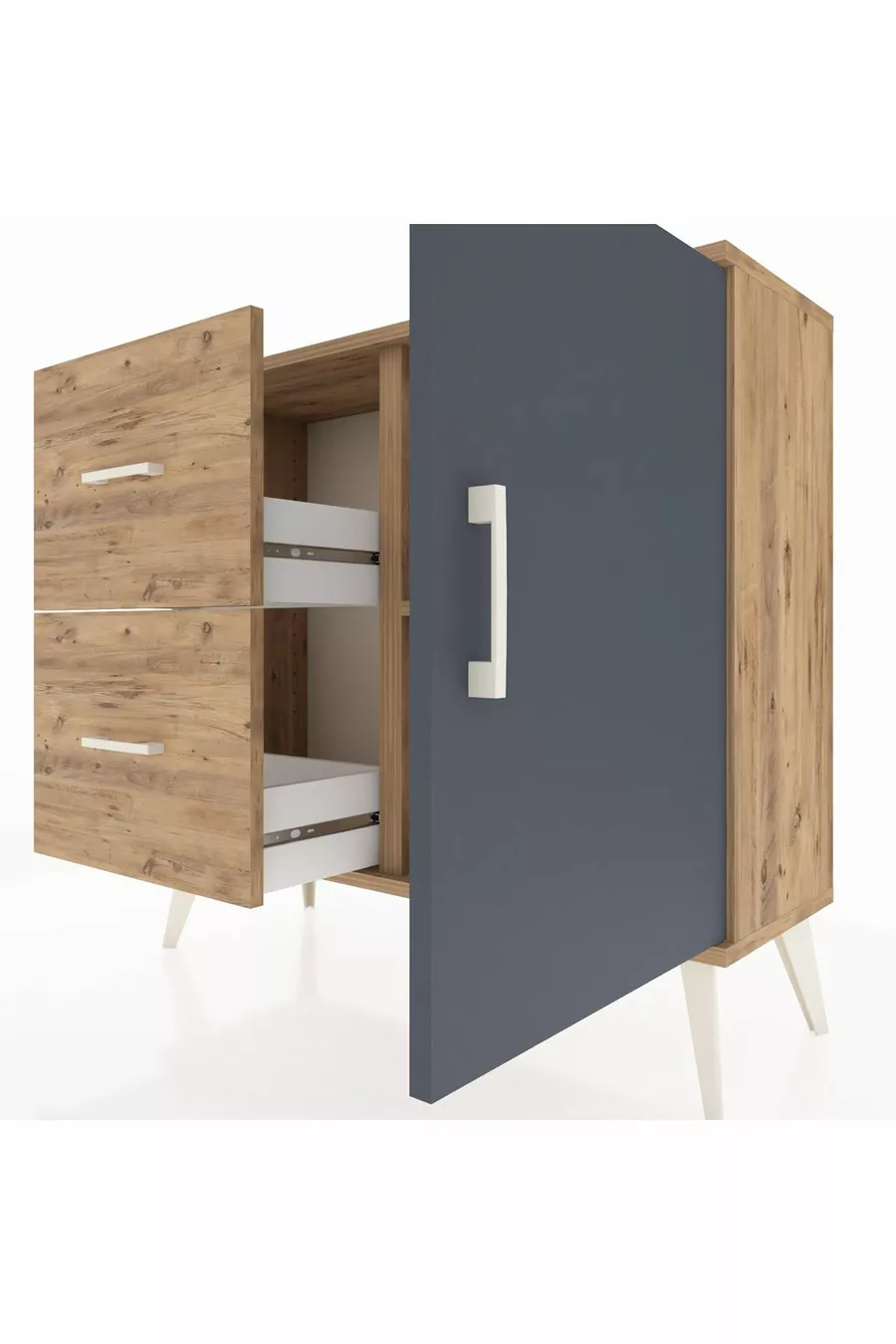 Comò Arges con un solo ripiano, 2 cassetti e una porta, Pino-Antracite/Pino