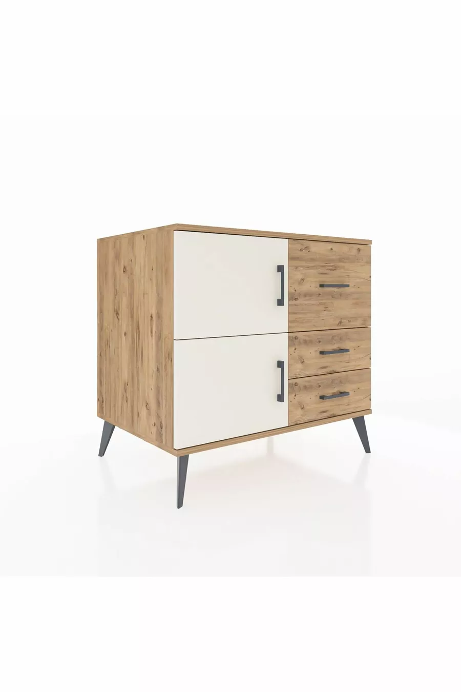Commode Kronos à une étagère, 3 tiroirs et 2 portes, Pin-Aigue-marine/Pin