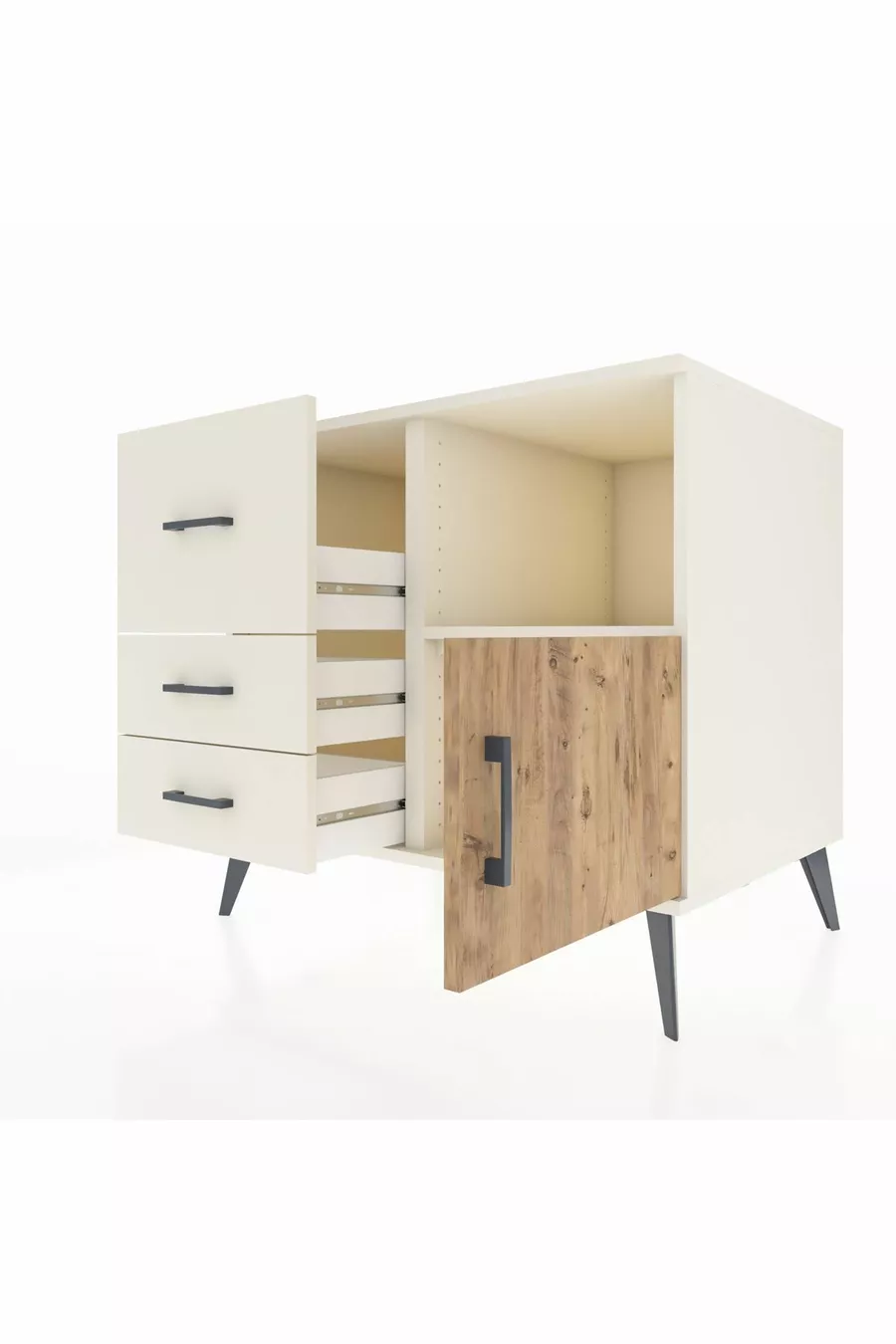 Commode Kronos à une étagère, 3 tiroirs et une porte, Pierre de Lune-Sapin/Pierre de Lune
