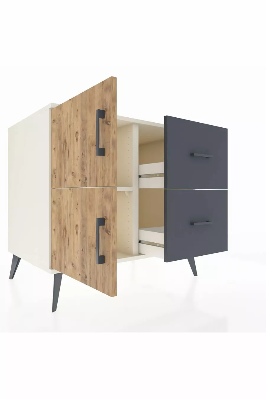Commode Kronos à une étagère, 2 tiroirs, 2 portes, Pierre de lune/Pin/Anthracite