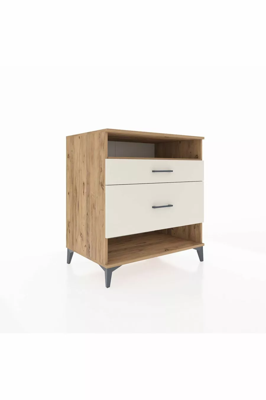 Commode Kronos à une étagère et 2 tiroirs en pin et pierre de lave