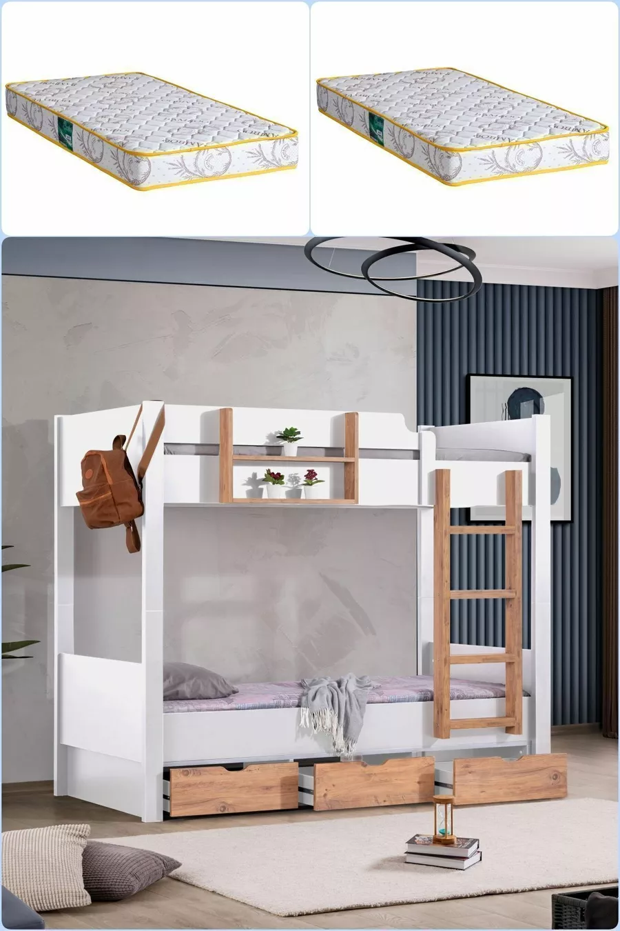Ranza, Letto a castello con cassetti separabili in stile asiatico 2 Materassi Comfort