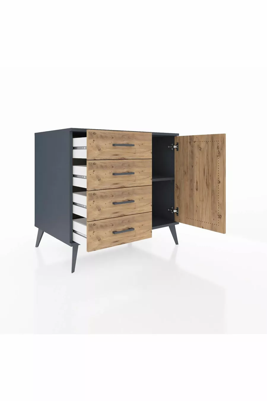 Kronos Commode avec une étagère, 4 tiroirs et une porte, Anthracite-Pin