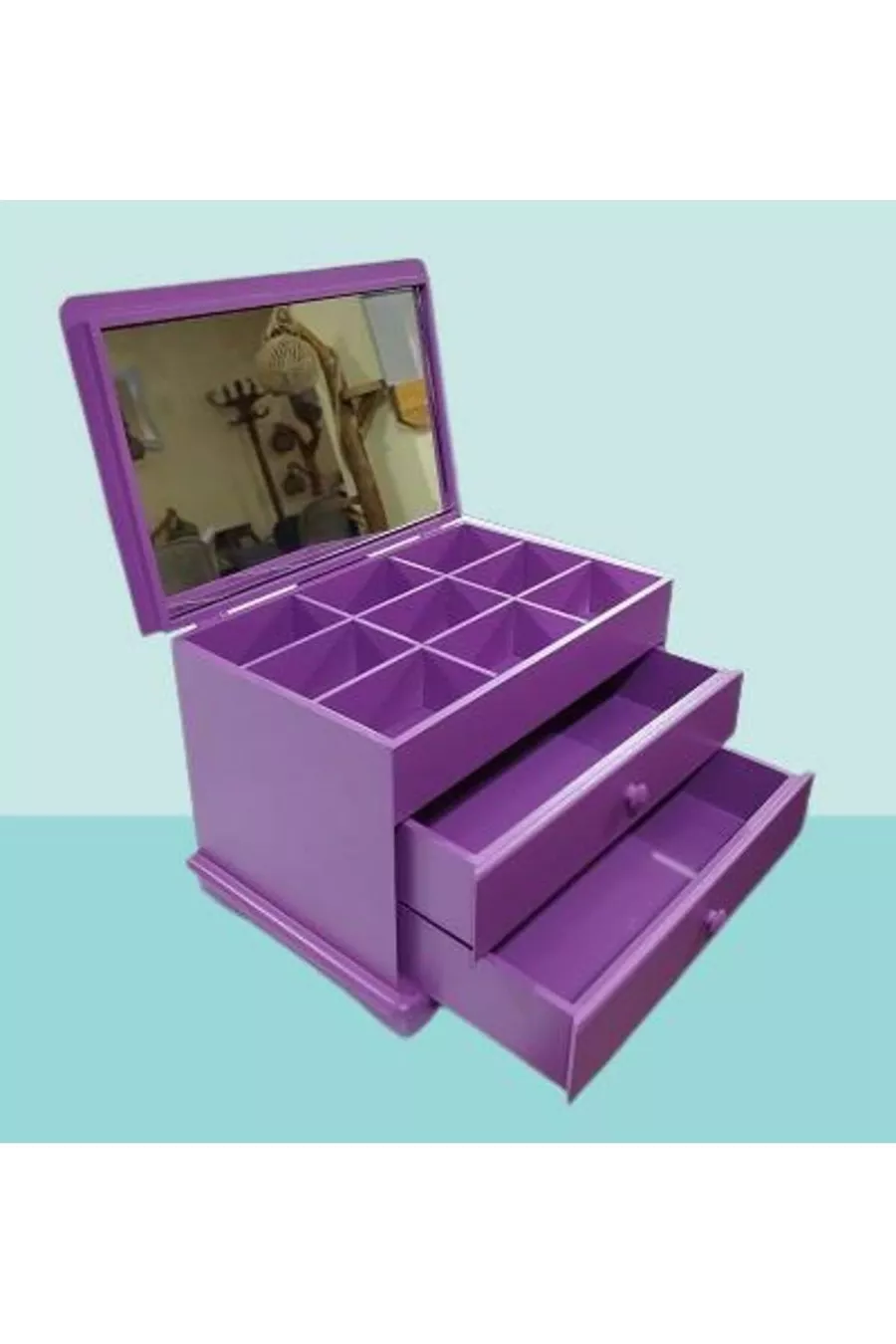 Hobi ERDL Bijoux Maquillage Commode 2 Tiroirs Miroir Brillant Violet Bois MDF Fait Main