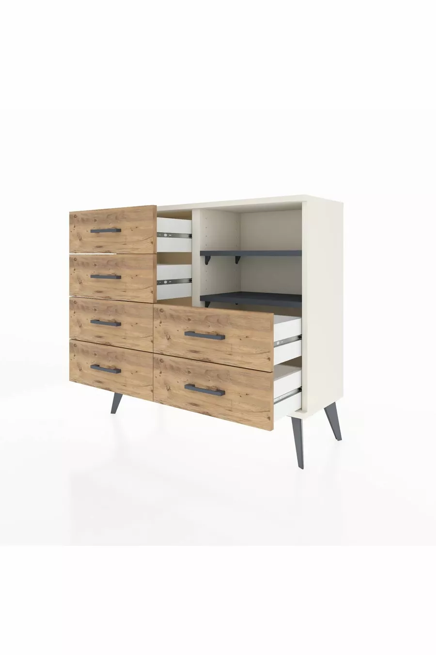 Commode Arges 2 étagères 6 tiroirs Pierre de lune-Anthracite/Sapin