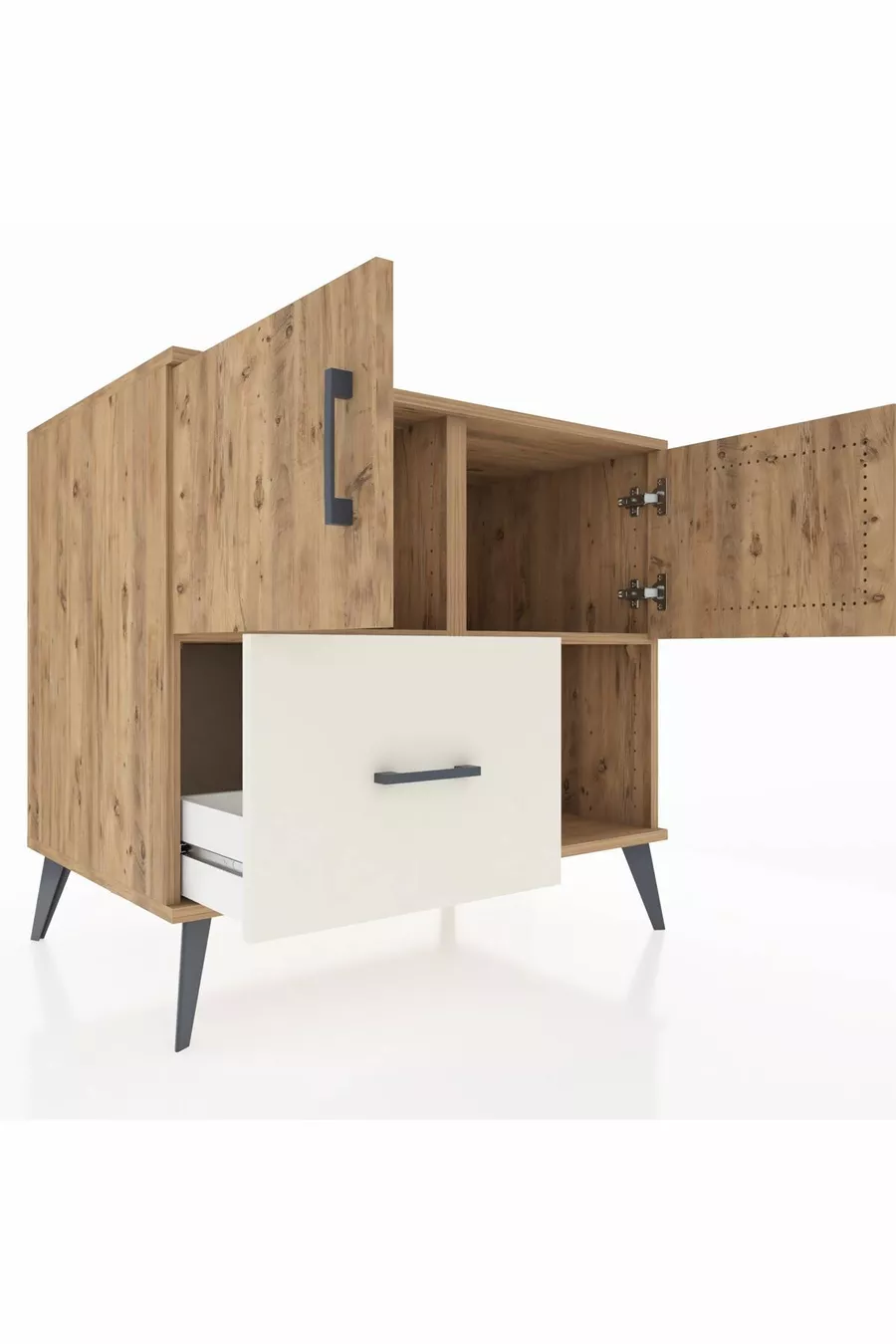 Commode Kronos avec 2 étagères, 1 tiroir, 2 portes, en pin-Pin/Grès