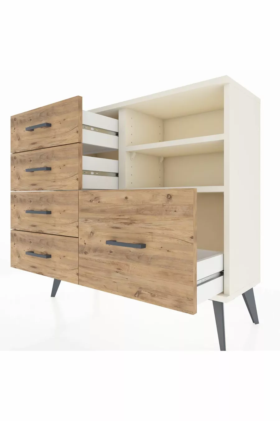Comò Arges con 2 Ripiani e 5 Cassetti Alabastro/Abete
