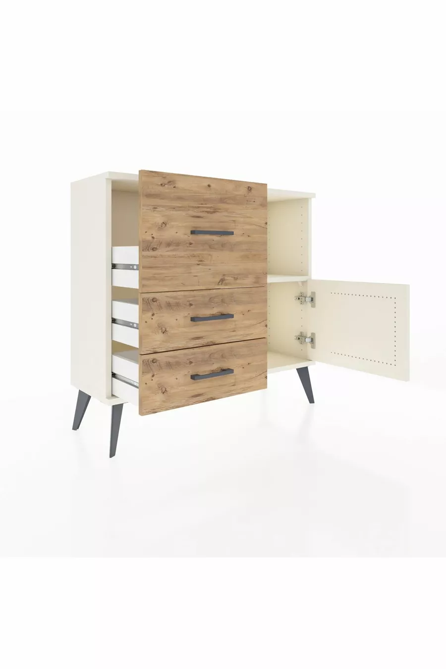 Commode Arges avec une seule étagère, 3 tiroirs et une porte, couleur Pierre de Lune/Pin