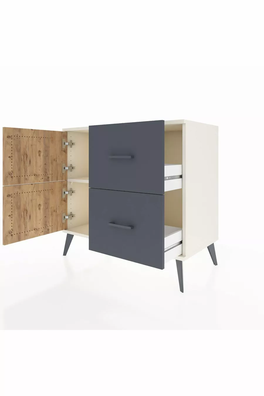 Commode Hyperion à une étagère, 2 tiroirs, 2 portes, Pierre de Lune-Pin/Anthracite