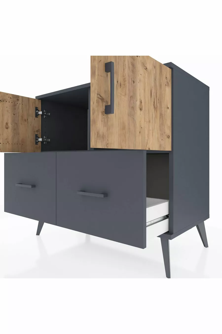 Commode Hyperion 2 étagères 2 tiroirs 2 portes Anthracite-Sapin/Anthracite