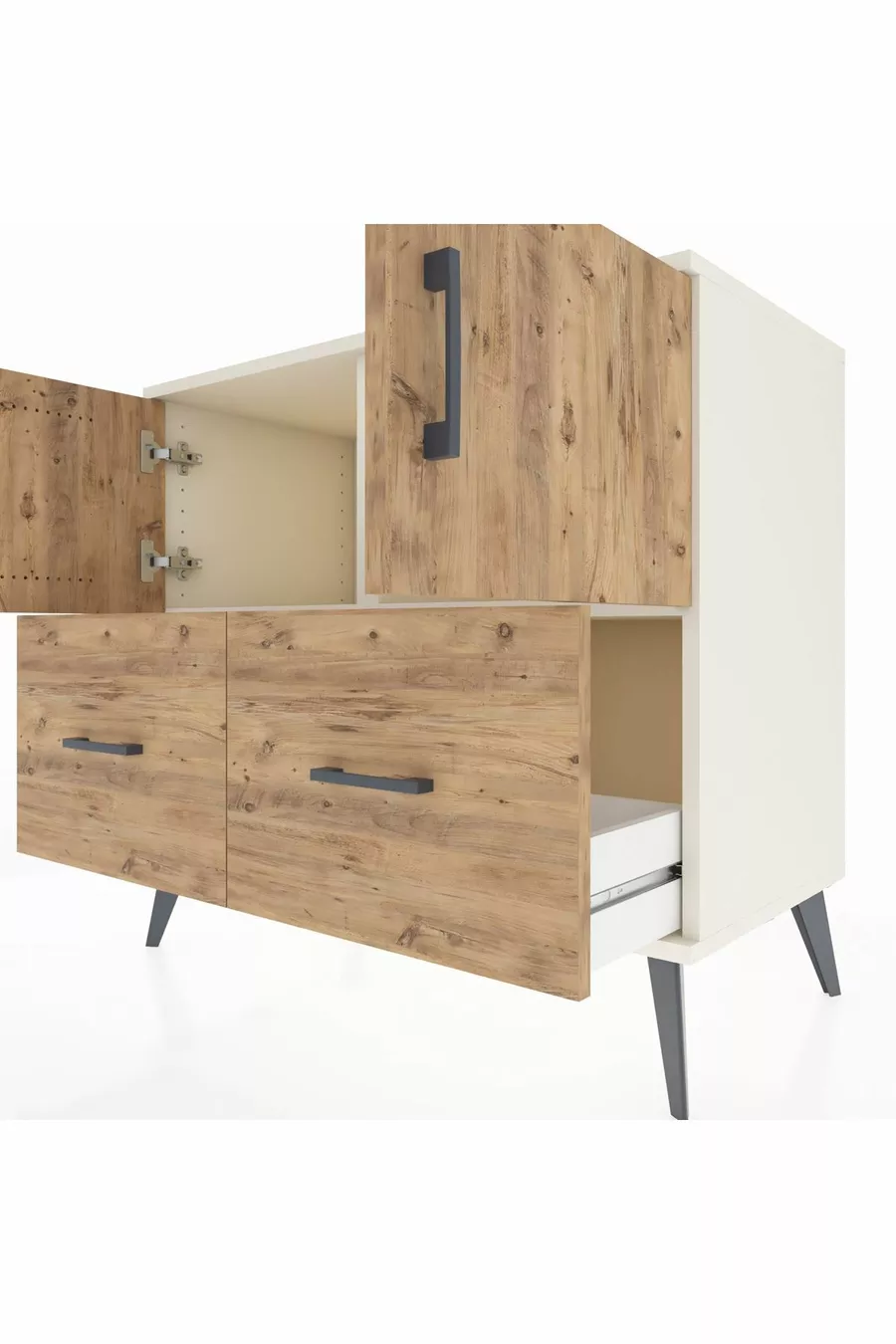 Commode Hyperion avec 2 étagères, 2 tiroirs et 2 portes, Pierre de Lune-Pin
