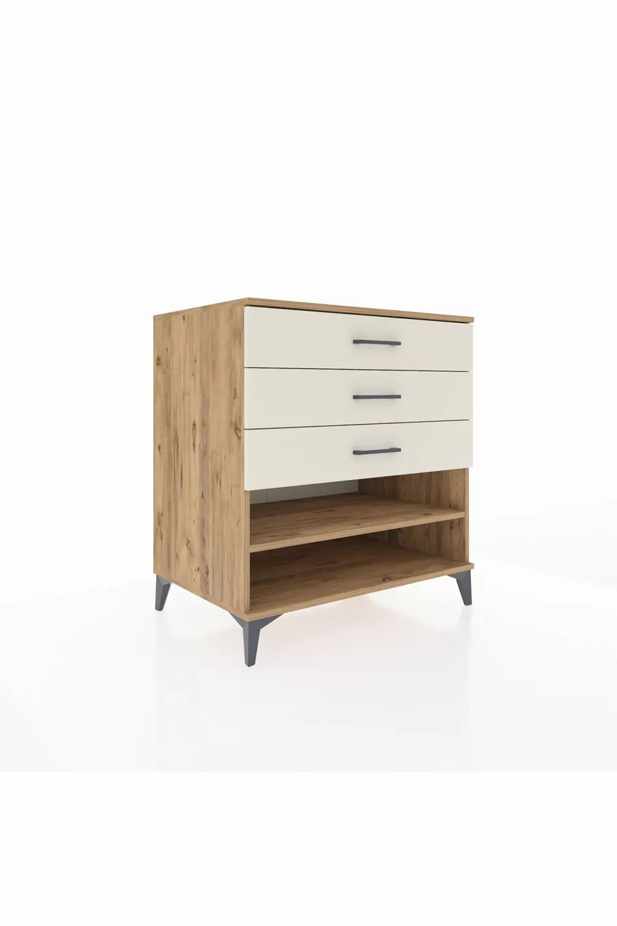 Commode Kronos à une étagère et 3 tiroirs en pin et pierre de lave