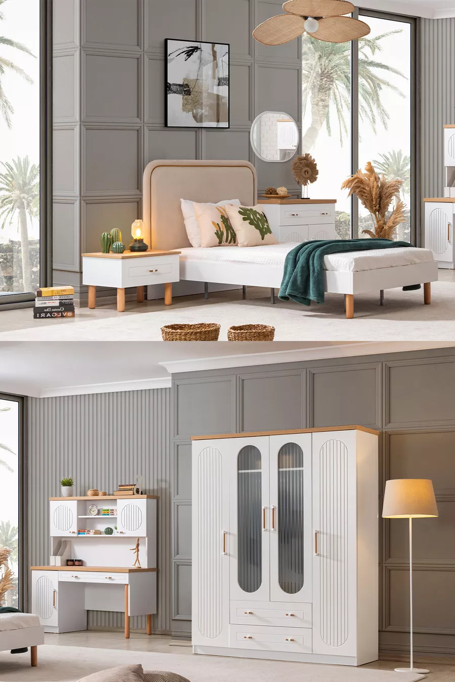 Vita Bohem Genç Odası - 4 Kapaklı Dolap, Karyola, komodin, Çalışma Masası, Şifonyer