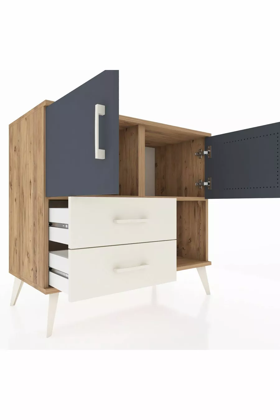 Commode Hyperion avec 2 étagères, 2 tiroirs, 2 portes, en pin anthracite/pierre de lune