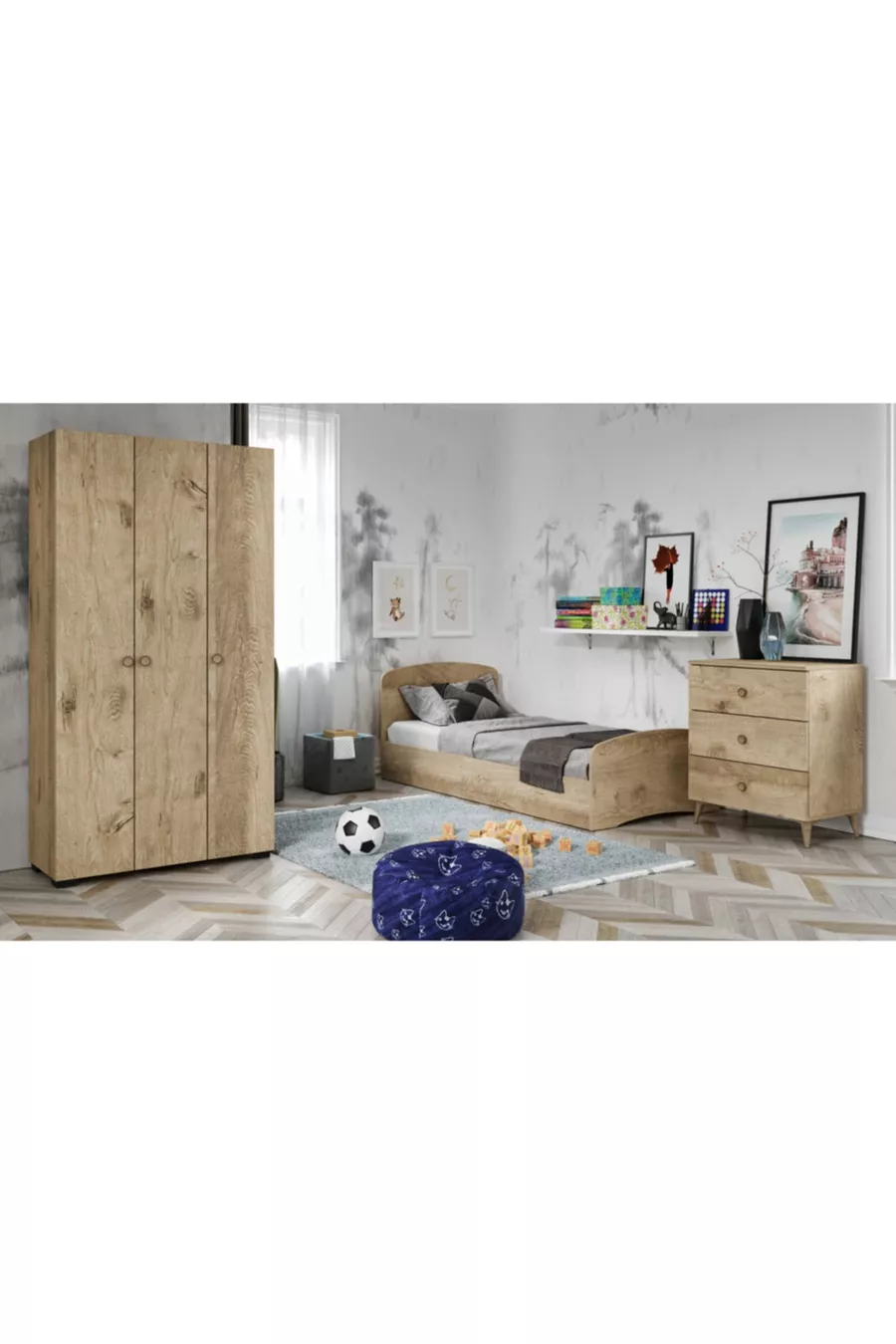 Set Camera da Letto Soft Rovere - Letto, Armadio con 3 Ante, Comò con 3 Cassetti, Tutto in MDF