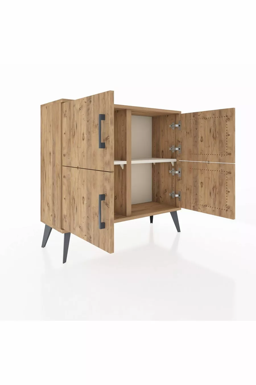 Commode Arges 2 étagères 4 portes Pin-Pin/Pierre de lune