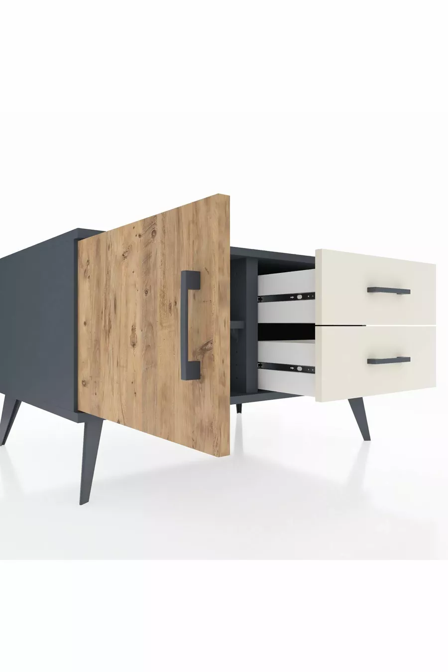 Kronos Kommode mit einem Regal, 2 Schubladen und einer Tür, Anthrazit-Kiefer/Steingrau
