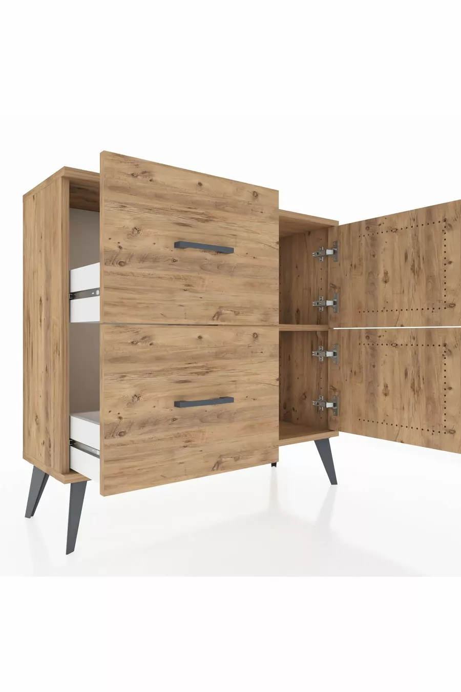 Commode Arges avec une étagère, 2 tiroirs et 2 portes, pin-pin