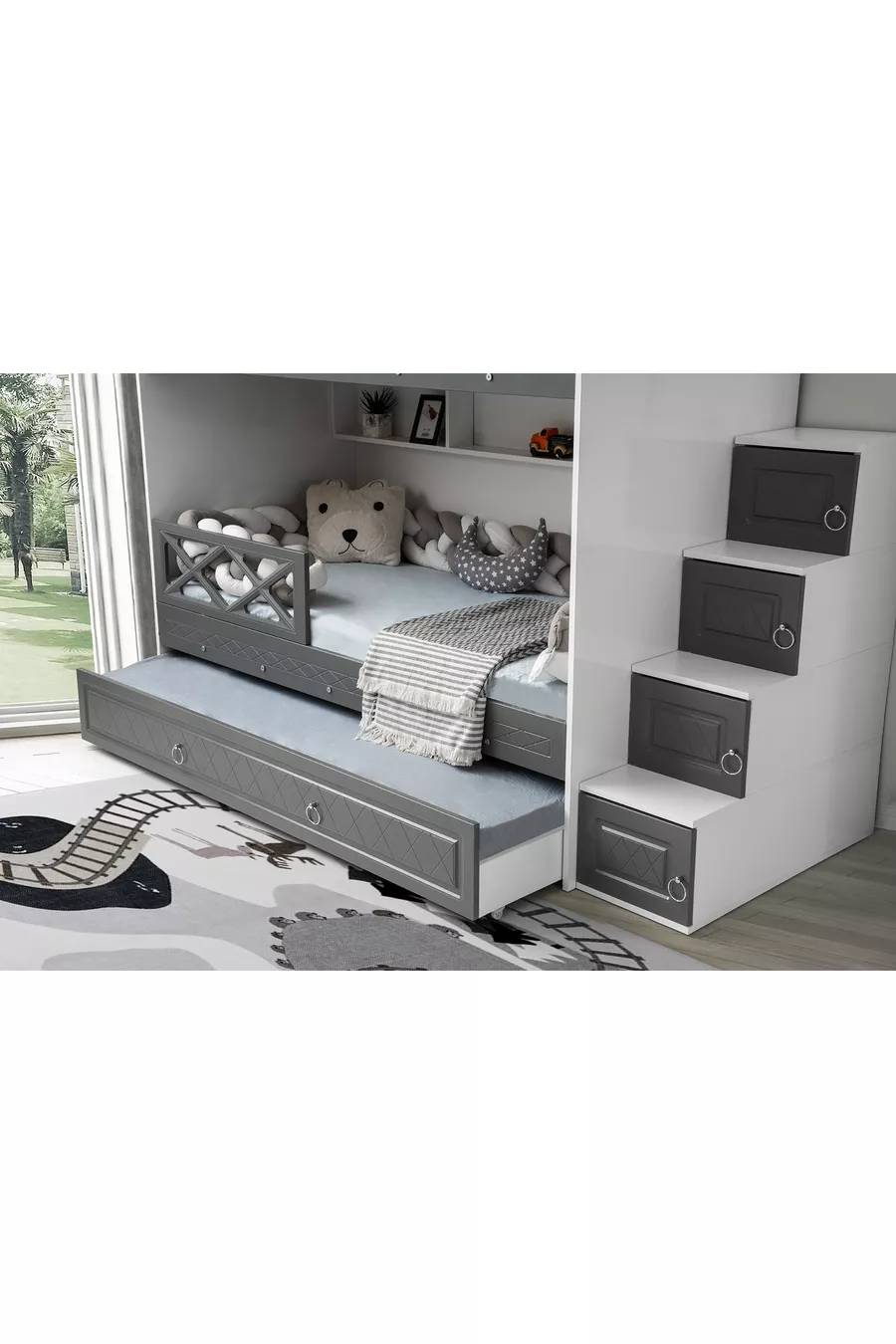 Lits superposés Mars avec tiroirs, anthracite & blanc, structure en acier avec revêtement en membrane, 100% MDF