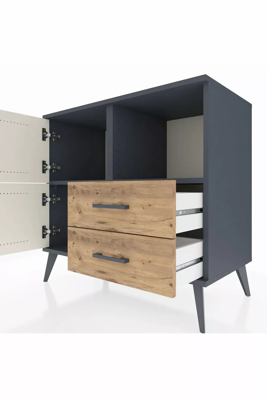 Commode Hyperion 2 étagères 2 tiroirs 2 portes Anthracite-Pierre de lune/Sapin