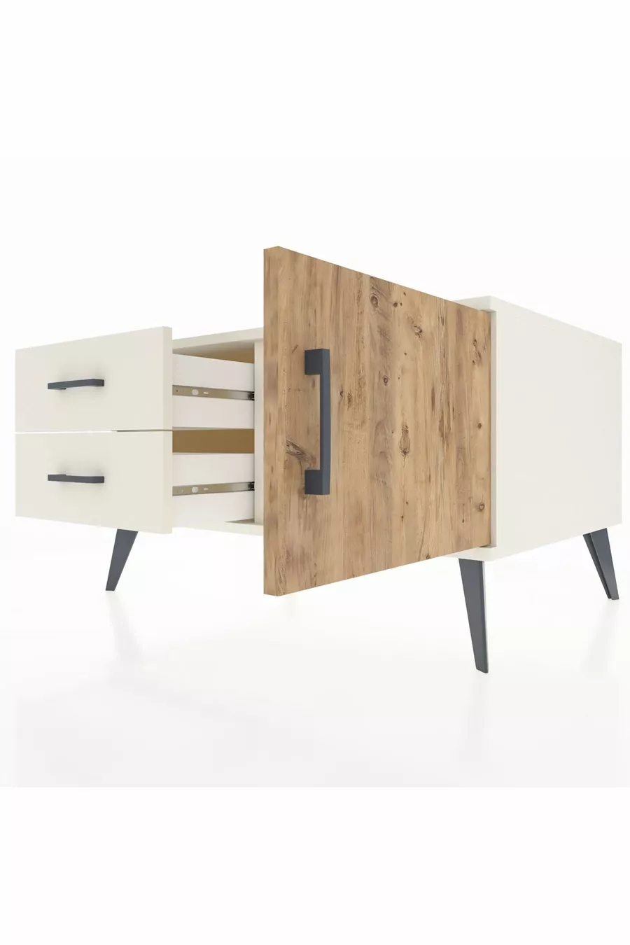 Commode Kronos à une étagère, 2 tiroirs et une porte, Pierre de Lune-Sapin/Pierre de Lune