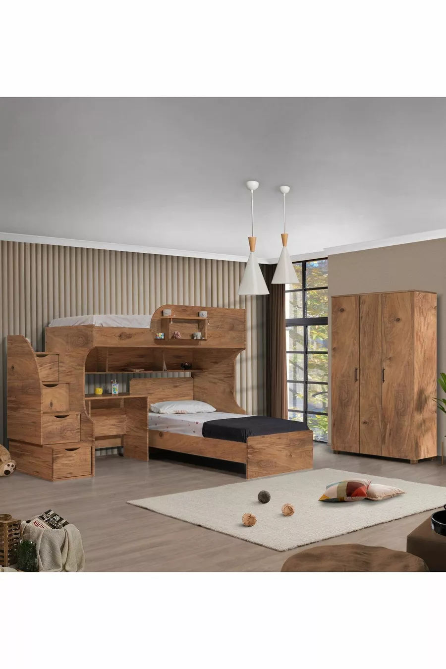 Stapelbed, Aura Stapelbed met Bedbank en 3-Deurs Kast, Donkere Walnoot