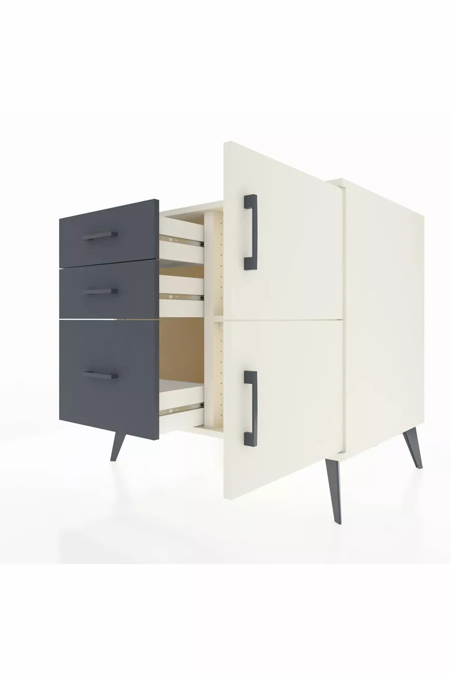 Commode Kronos à un seul étagère, 3 tiroirs, 2 portes, Albâtre/Anthracite