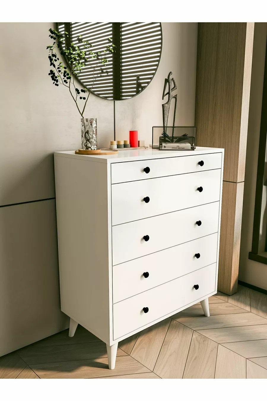 Commode Blanche Brillante 5 Tiroirs Country Commode Chevet en Bois