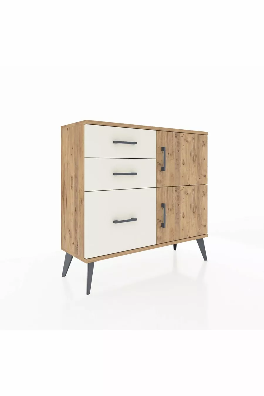 Commode Arges avec une seule étagère, 3 tiroirs et 2 portes, pin-pin / pierre de lune