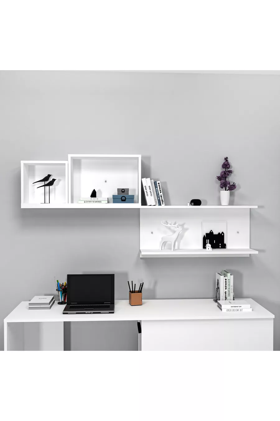 Akser Jongenskamer 4-delig Set – Wit (Bureau, Bed, Kast, Wandplank)
