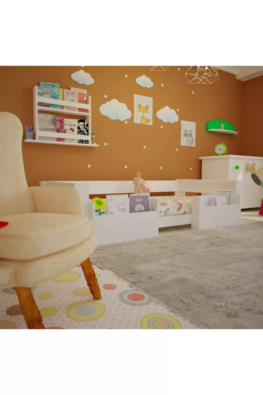 Vega Montessori Letto in MDF Bianco con Tasca, Compatibile con Materasso M