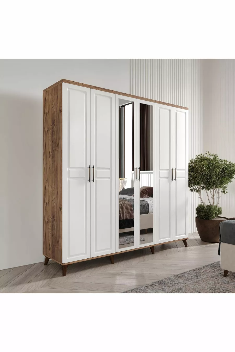 Camera da letto completa in MDF Sport con 6 ante, pino atlantico-bianco (con base)