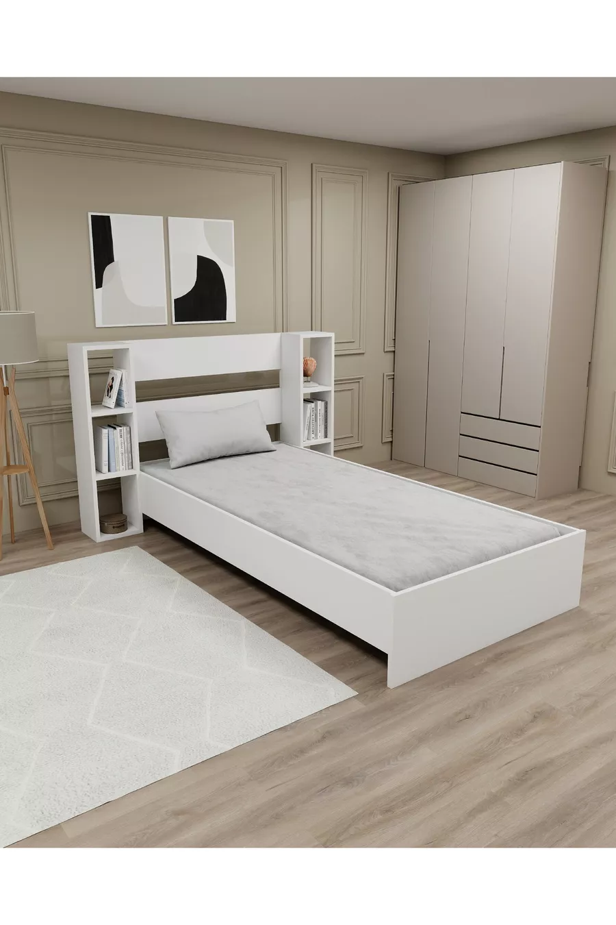 Lit simple avec étagère compatible avec matelas Smart, blanc - Smart