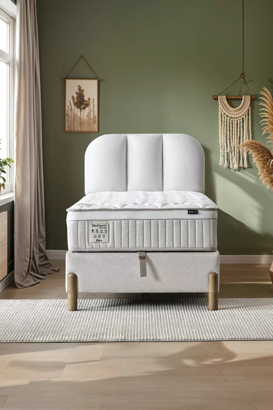 Ensemble de sommeil Bohem Prime pour une personne – Matelas à ressorts ensachés, lit coffre, tête de lit, ensemble 3 pièces