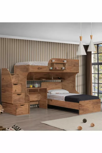 Bunk Bed, Aura Bunk Bed Bed Frame Desk, Aura Dark Walnut