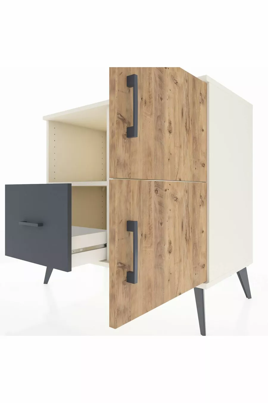 Commode Hyperion à 2 étagères, 1 tiroir, 2 portes, Pierre de lune-Pin/Anthracite