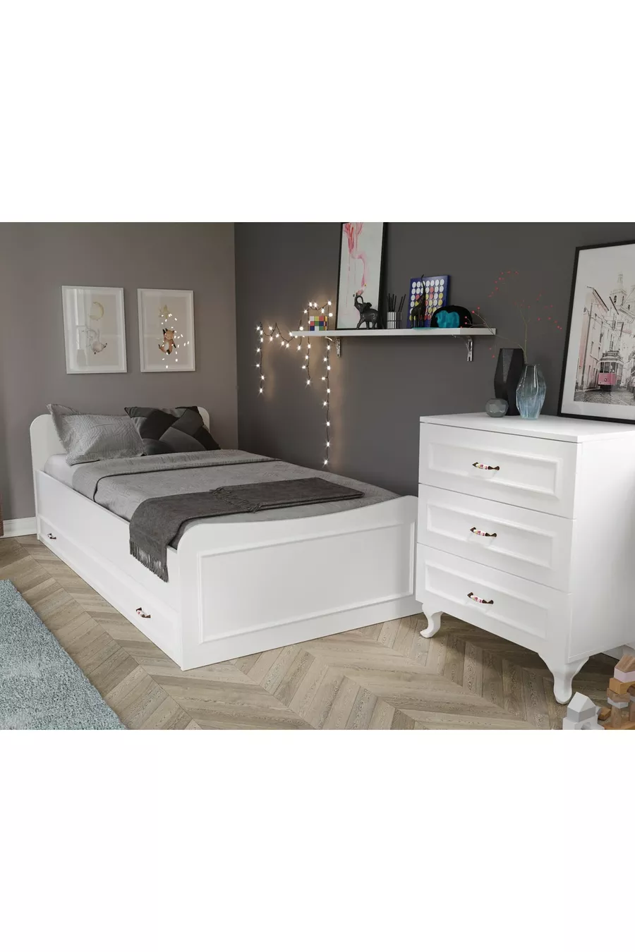 Country Slaapkamer Set - Kinderbed met Opberglades, Kledingkast met 2 Deuren, Ladekast met 3 Lades, Helemaal MDF