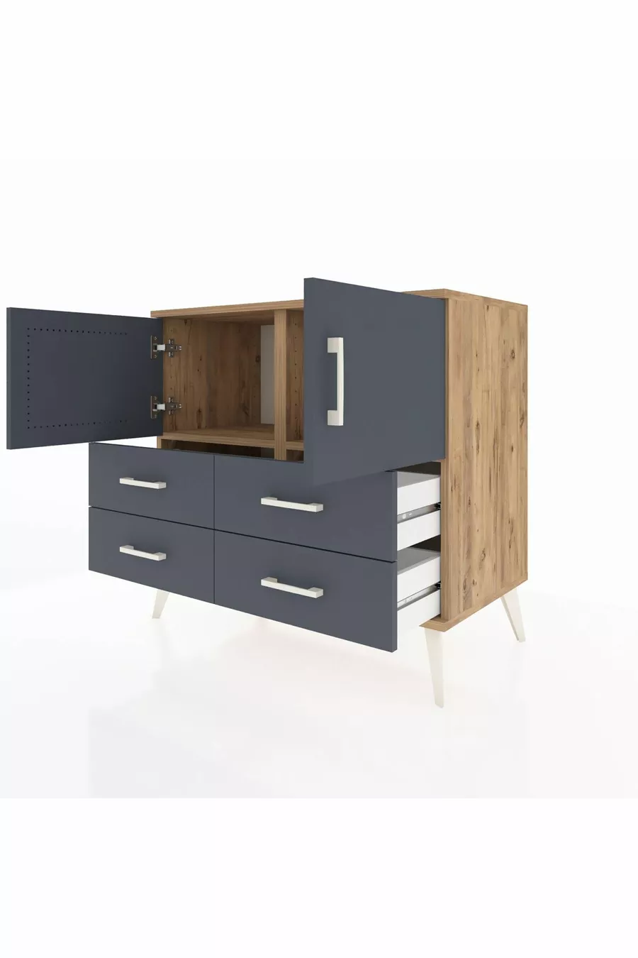 Commode Hyperion 2 étagères 4 tiroirs 2 portes Pin-Anthracite