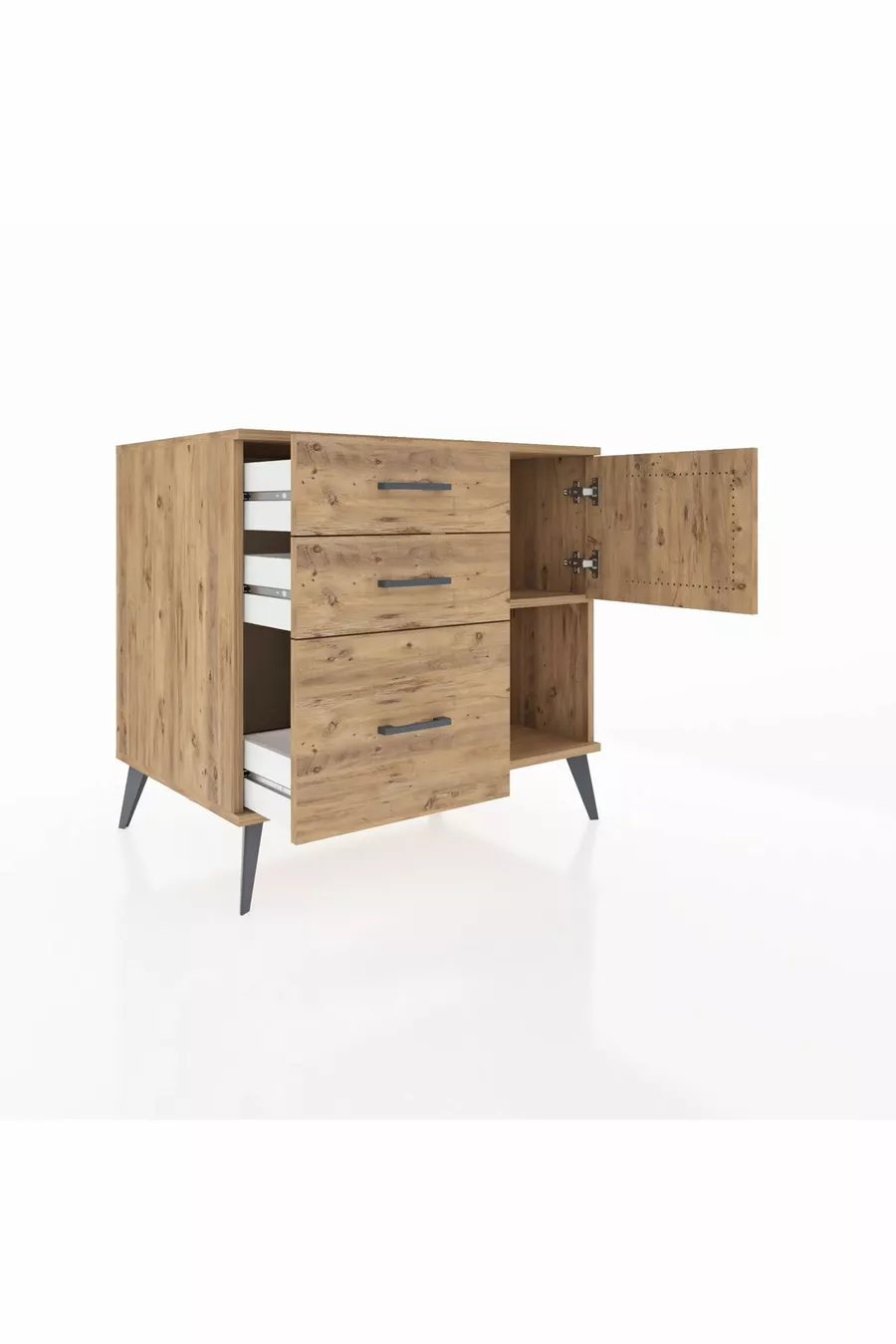 Commode Kronos avec une étagère, 3 tiroirs et une porte, pin-pin