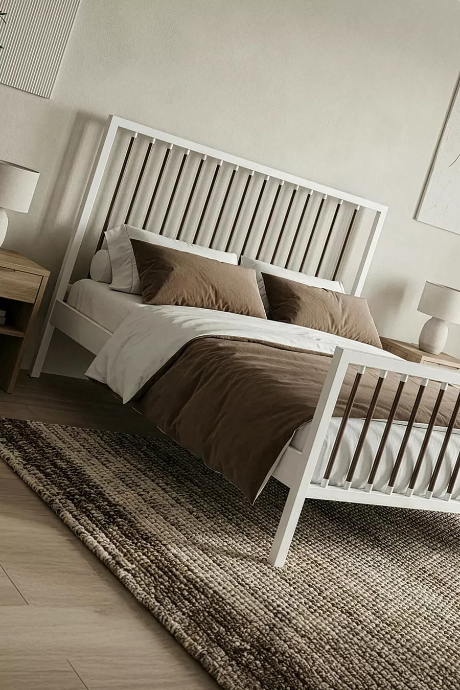 Lit double en métal forgé Breeze (BLANC-MARRON) (Avec lattes en bois)