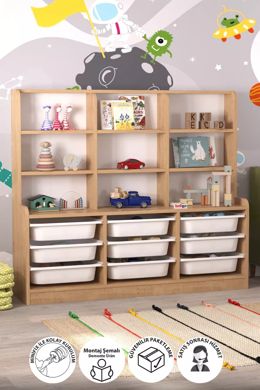 9-Basket 9-Shelf Cabinet Multi-Purpose Cabinet Toy Cabinet Almina Sapphire Oak