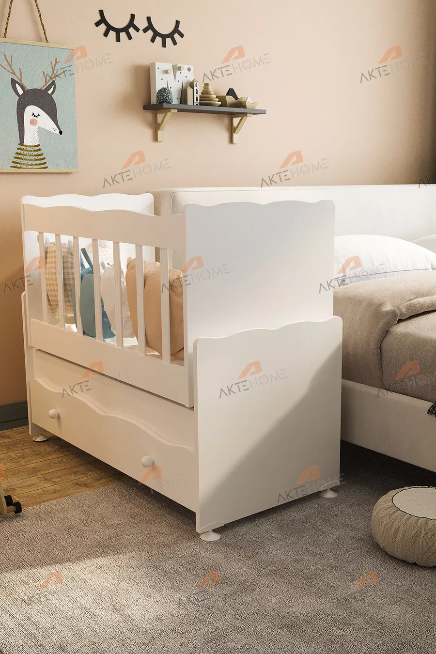 Wiegbabybed met lade die naast het bed van moeder kan staan – wit, comfortabel en veilig model