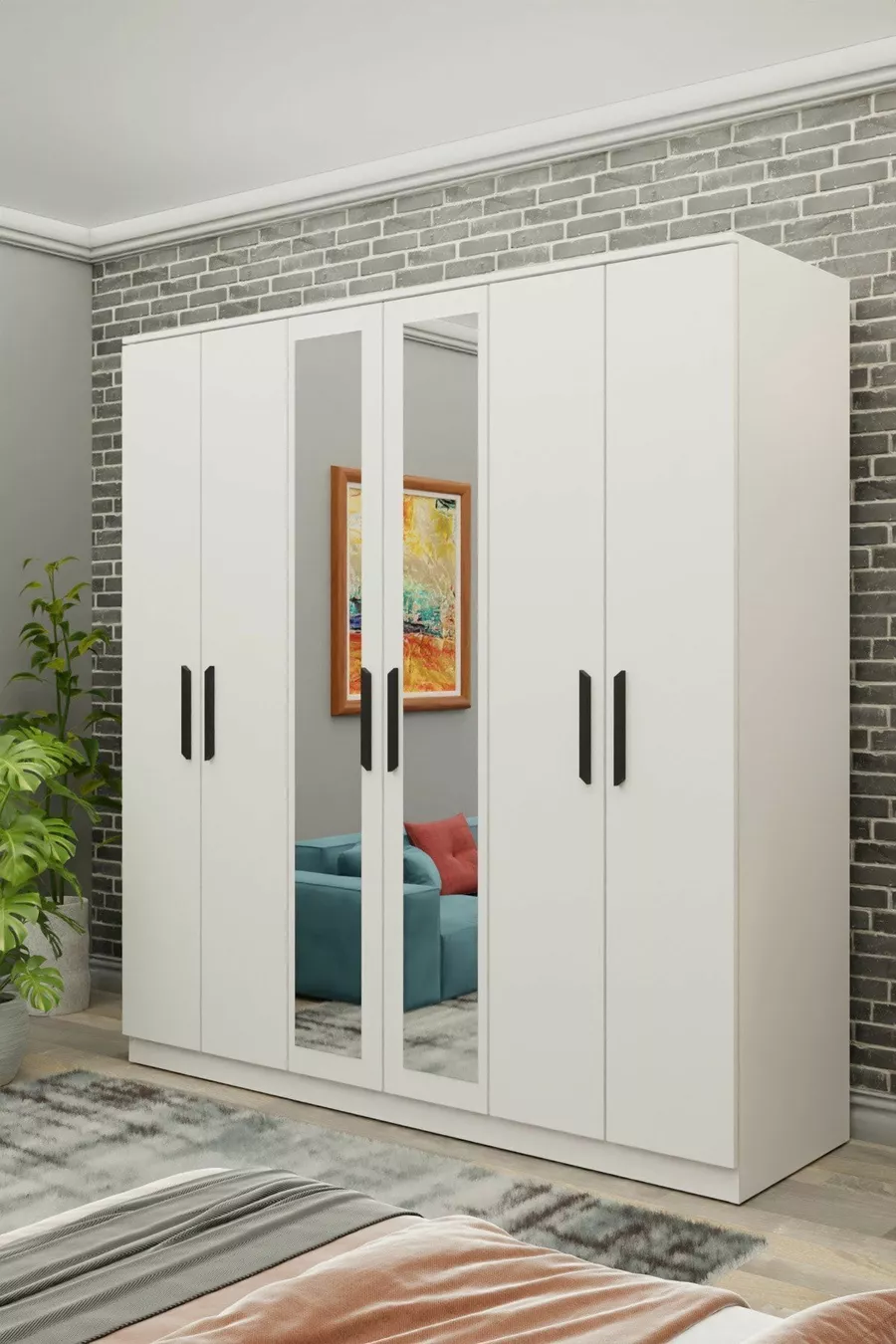 Gm  Placard préféré à 6 portes avec miroir, blanc et noir avec poignées