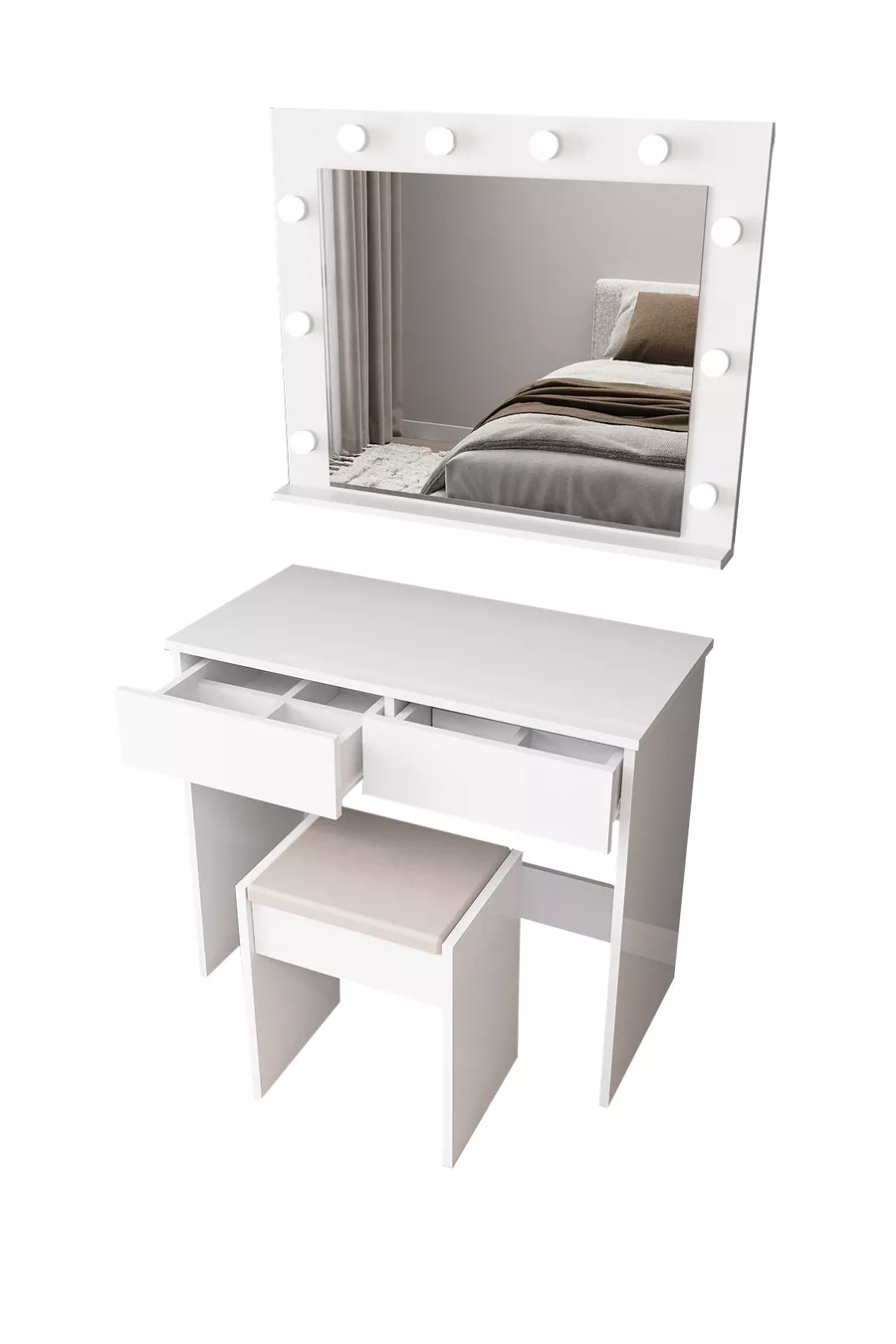 B LED Verlichte Spiegel Organizer Make-up Tafel met Kruk en Ladeverdeling, Cosmetisch Bureau
