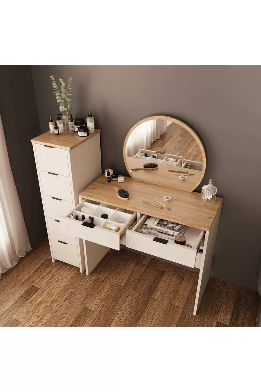 Ensemble de coiffeuse Flora avec miroir, 2+5 tiroirs, organisateur de bijoux et panier couleur sable