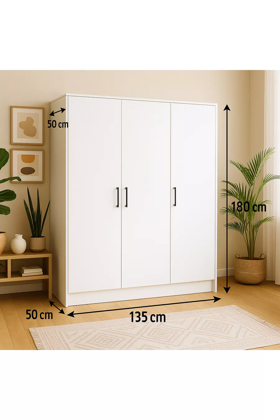 % MDF 3-Door Storage Cabinet |  cm | White – Modern Multi-Purpose Wardrobe
