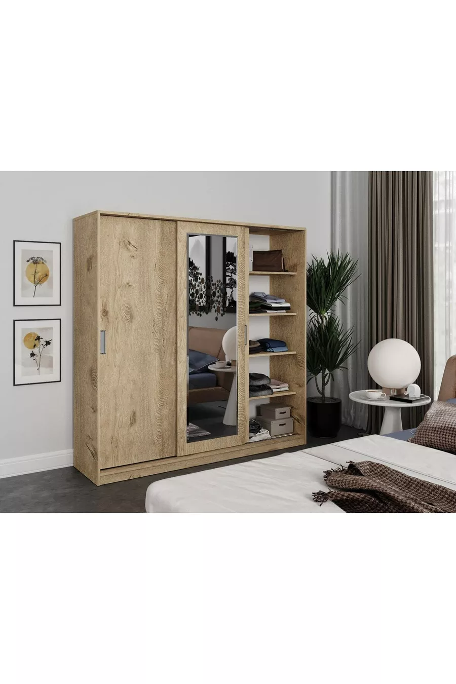 Armadio con Specchio Scorrevole a 3 Ante Samira - Interamente in MDF Rovere