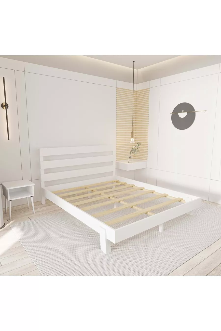 Ensemble Natura New Model Lit en bois de pin blanc et deux tables de chevet